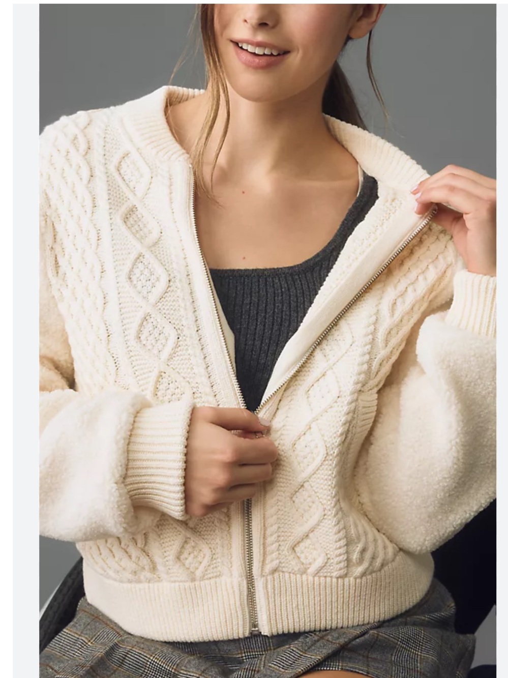 CASLON
Cable Knit Zip-Up Bomber Cardigan Cream Cable-Knit Sweater Jacket Sz S